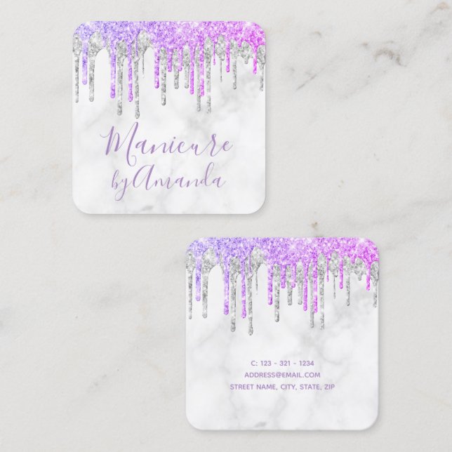 Cartão De Visita Quadrado O brilho roxo e mármore moderno goteja a manicura (Frente/Verso)