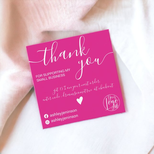 Cartão De Visita Quadrado Obrigado de encomenda rosa rosa-rosa-quente minima (Modern minimalist hot pink pink order thank you square business card)
