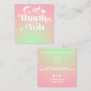 Cartão De Visita Quadrado Obrigado de ordem do script retrô verde-rosa