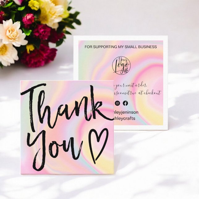Cartão De Visita Quadrado Obrigado moderno que você faz script de ordem holo (Modern thank you script order holographic square business card)