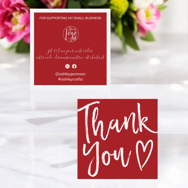 Cartão De Visita Quadrado Obrigado moderno você faz script de ordem de natal (Modern thank you script order red christmas square business card)