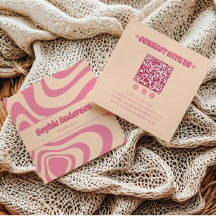 Cartão De Visita Quadrado Onda Retro Rosa Groovy com Código QR