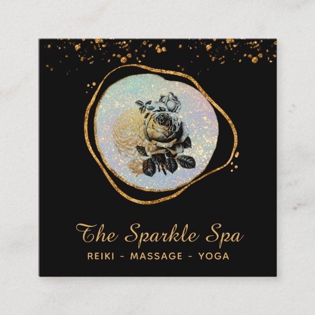 Cartão De Visita Quadrado *~* Opal Dourado Glitter Frame Rosa Floral (Frente)