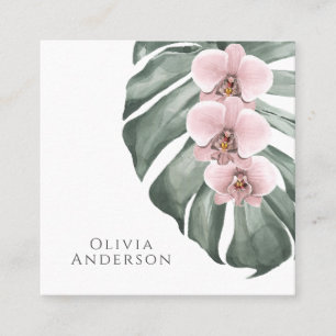 Cartão De Visita Quadrado Orquídeas Rosa Pastel em Botânica Tropical Monster