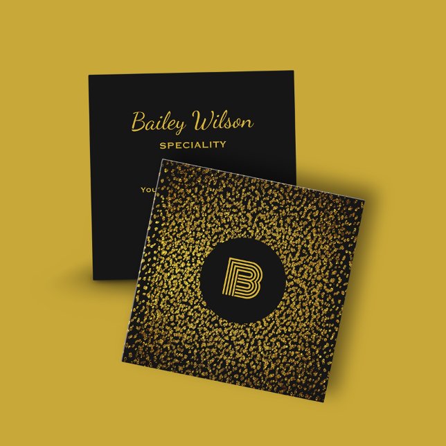 Cartão De Visita Quadrado Ouro de monograma moderno preto (Luxury monogram design for square business card)