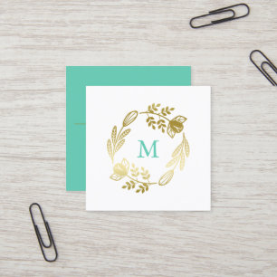 Cartão De Visita Quadrado Ouro Floral Wreath & Mint Green Monograma