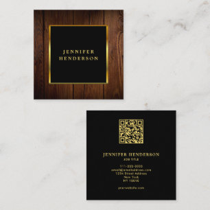 Cartão De Visita Quadrado ouro preto moderno código QR profissional de madei