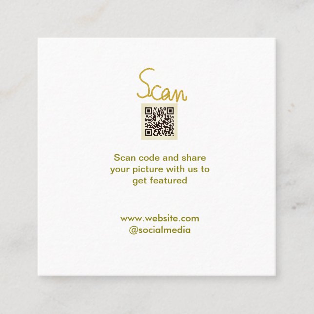 Cartão De Visita Quadrado Ouro Scan QR code glitter elegante calligr simples (Frente)