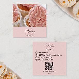 Cartão De Visita Quadrado Padaria com Logotipo de Monograma Foto QR Rosa Emp
