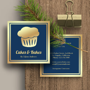 Cartão De Visita Quadrado Padaria de Cupcake Caseira com Folha de Ouro Falso