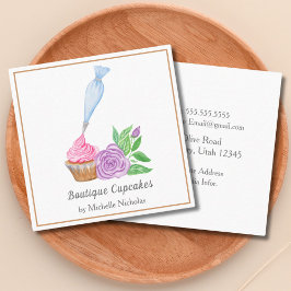 Cartão De Visita Quadrado Padaria de Cupcake com Frosting de Aquarela, Servi