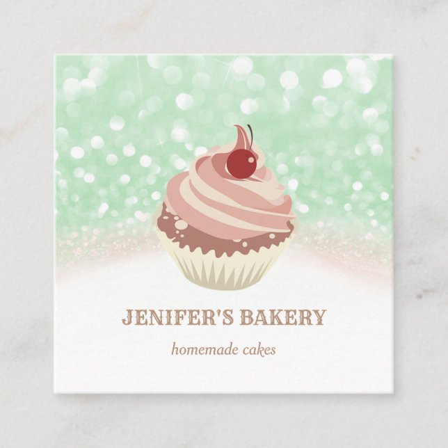 Cartão De Visita Quadrado padaria de cupcake de ouro moderno e gliteria (Frente)