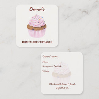 Cartão De Visita Quadrado Padaria de Cupcake Rosa Aquarela