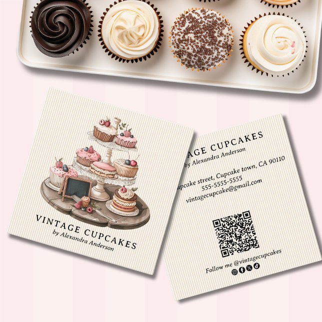 Cartão De Visita Quadrado Padaria de Cupcakes Vintage (Vintage Cupcake Bakery Square Business Card)