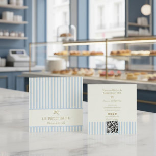 Cartão De Visita Quadrado Padaria Francesa Parisian Blue Stripes QR Patisser