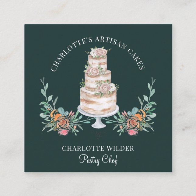 Cartão De Visita Quadrado Padaria Pastelaria Chef Aquarela Floral Negro (Frente)