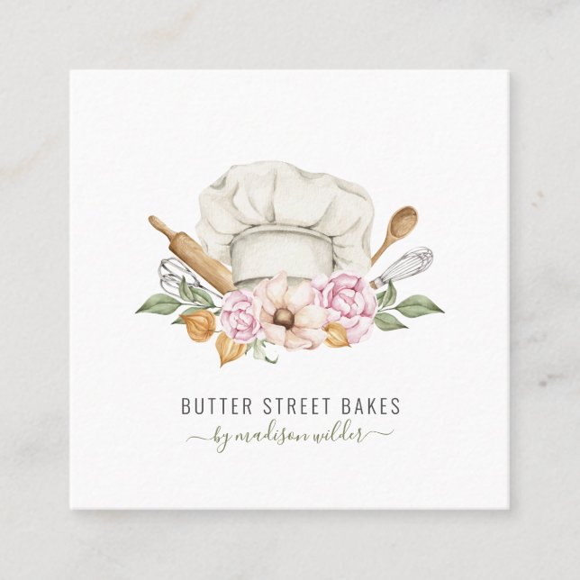 Cartão De Visita Quadrado Padaria Pastelaria Chef Aquarela Utensil (Frente)