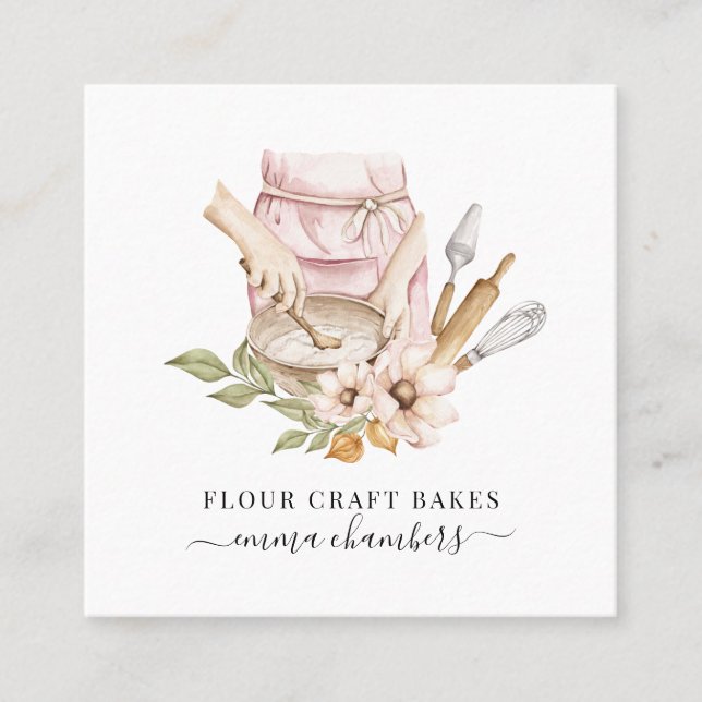 Cartão De Visita Quadrado padaria pastelaria cozinheira padaria de aquarelas (Frente)