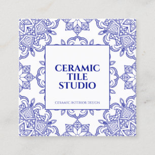 Cartão De Visita Quadrado Padrão de Azulejo Mosaico Seamless Marinho