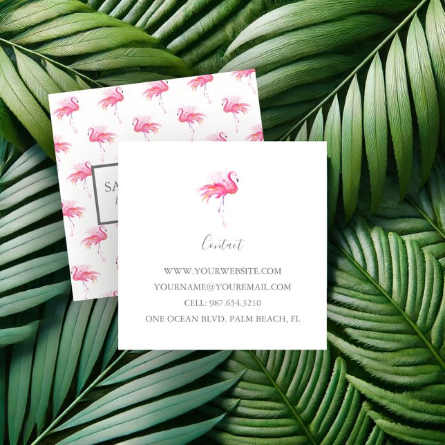 Cartão De Visita Quadrado Padrão de Flamingo Rosa Tropical (Tropical pink flamingo business cards watercolor art by Victoria Grigaliunas of Do Tell A Belle)