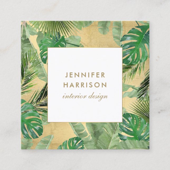Cartão De Visita Quadrado Padrão de Folhas Tropicais de Aquarela em Faux Dou (Frente)