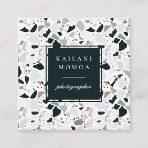 Cartão De Visita Quadrado Padrão de Terrazzo Azul Natural Moderno