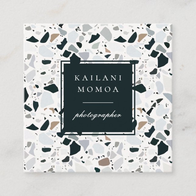 Cartão De Visita Quadrado Padrão de Terrazzo Azul Natural Moderno (Frente)