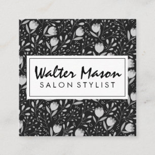 Cartão De Visita Quadrado Padrão Decorativo de Flores e Folhas