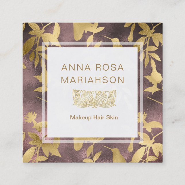 Cartão De Visita Quadrado *~* Padrão Dourado de pássaros na Deco de Arte Flo (Frente)