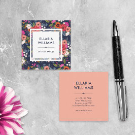 Cartão De Visita Quadrado Padrão Floral Boho - Coral e Azul Naval