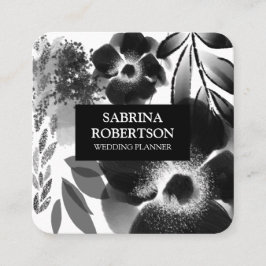 Cartão De Visita Quadrado Padrão Floral Branco e Preto Elegante Moderno