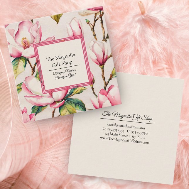Cartão De Visita Quadrado Padrão Floral de Magnolias Rosa (Embrace sophistication with our elegant pink magnolia pattern business card.)