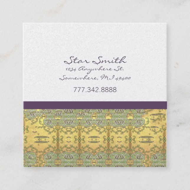 Cartão De Visita Quadrado Padrão Floral Suavemente Dourado e Roxo (Frente)