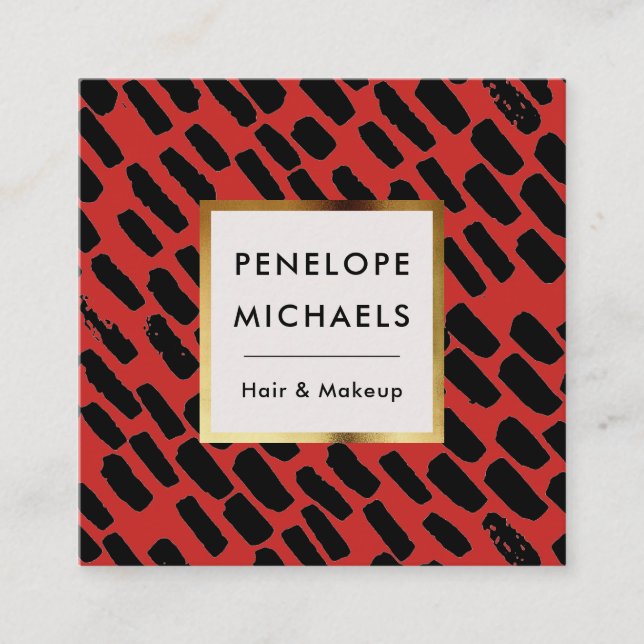 Cartão De Visita Quadrado Padrão Preto e Vermelho com Quadro (Frente)