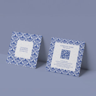 Cartão De Visita Quadrado Padrão Real Elegante Azul E Damascos Brancos