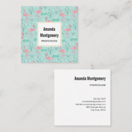Cartão De Visita Quadrado Padrão Verde Flamingos Rosa Pastel