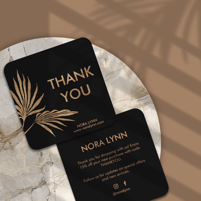 Cartão De Visita Quadrado Palm Leaf Black e Dourado Obrigado (golden palm business card)