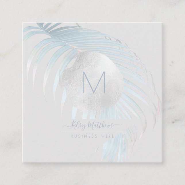 Cartão De Visita Quadrado Palmas Prateadas Azuis da PixDezines (Frente)