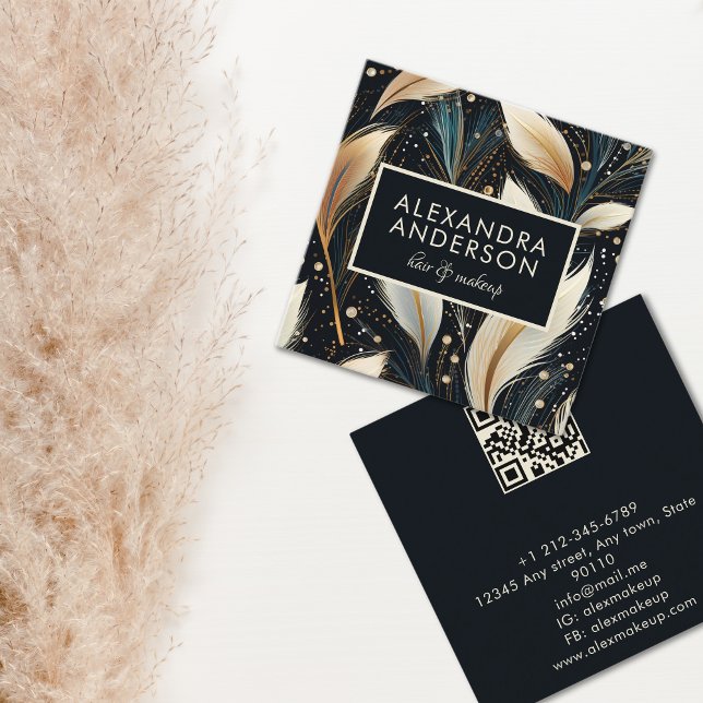 Cartão De Visita Quadrado Pampas de luxo - Padrão preto (Luxury Pampas Grass Pattern Black Square Business Card)