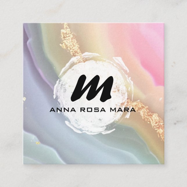 Cartão De Visita Quadrado *~* Pastel AP66 Glitter Dourado Agato Arco-Íris QR (Frente)