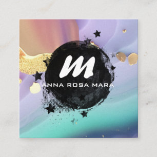 Cartão De Visita Quadrado *~* Pastel AP66 Glitter Dourado QR Agato Arco-Íris