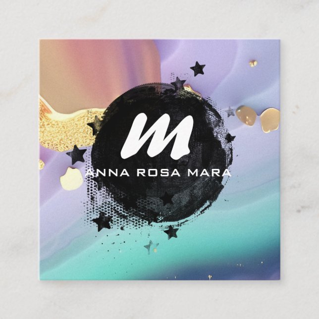 Cartão De Visita Quadrado *~* Pastel AP66 Glitter Dourado QR Agato Arco-Íris (Frente)