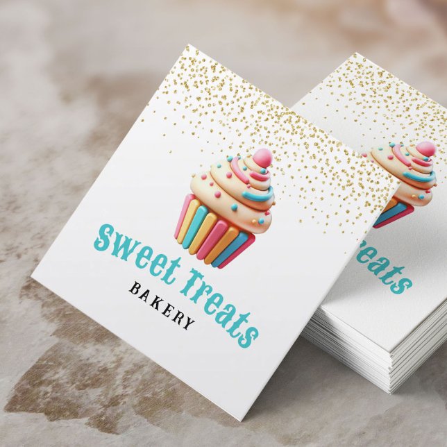 Cartão De Visita Quadrado Pastel Cupcake Dourado Confetti Bakery & Pastel Ch (Criador carregado)