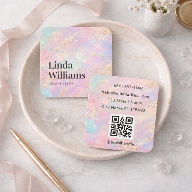 Cartão De Visita Quadrado Pastel Marble Business Card with Gold Accents  (Criador carregado)