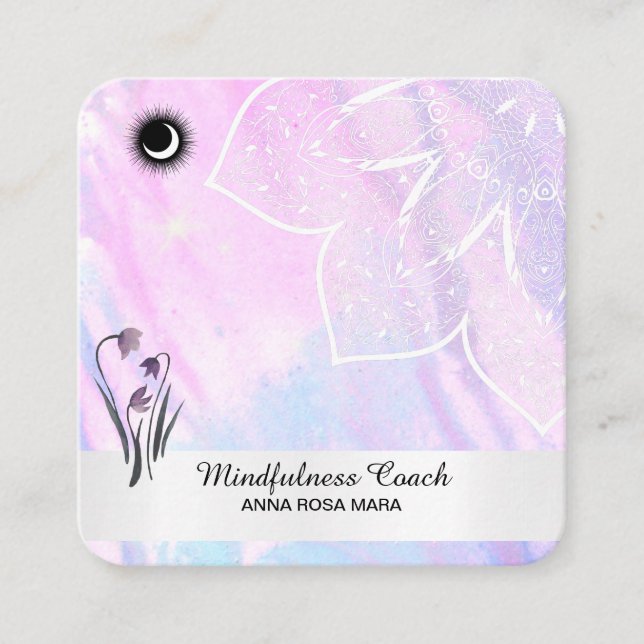 Cartão De Visita Quadrado *~* Pastel Moon QR code Mandala Foil Flowers (Frente)