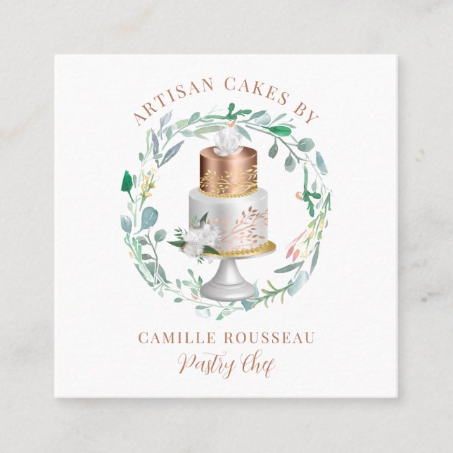 Cartão De Visita Quadrado Pastelaria Pastelaria Rosa Bake Dourado (Frente)