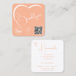 Cartão De Visita Quadrado Peach Light Orange Heart Calliografia Logo QR Code