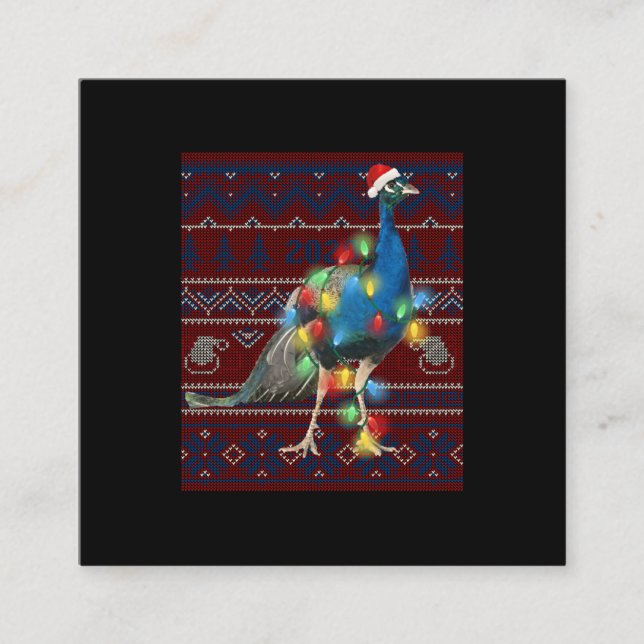 Cartão De Visita Quadrado Peacock Christmas Lights Ugly Sweater Goat Lover (Frente)