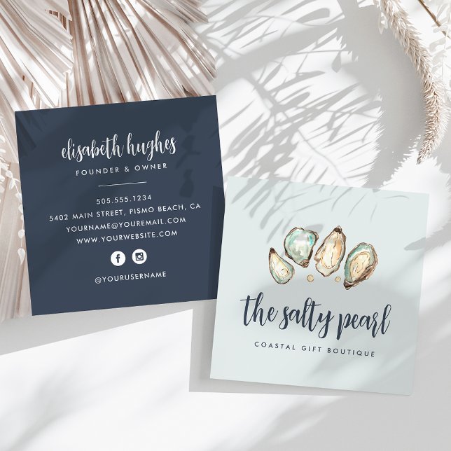 Cartão De Visita Quadrado Pearl de Aquarela Costeira e Praça de Ostra (Criador carregado)