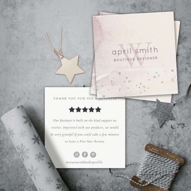 Cartão De Visita Quadrado Pedido de Revisão do Monograma Roxo abstrato Doura (Criador carregado)